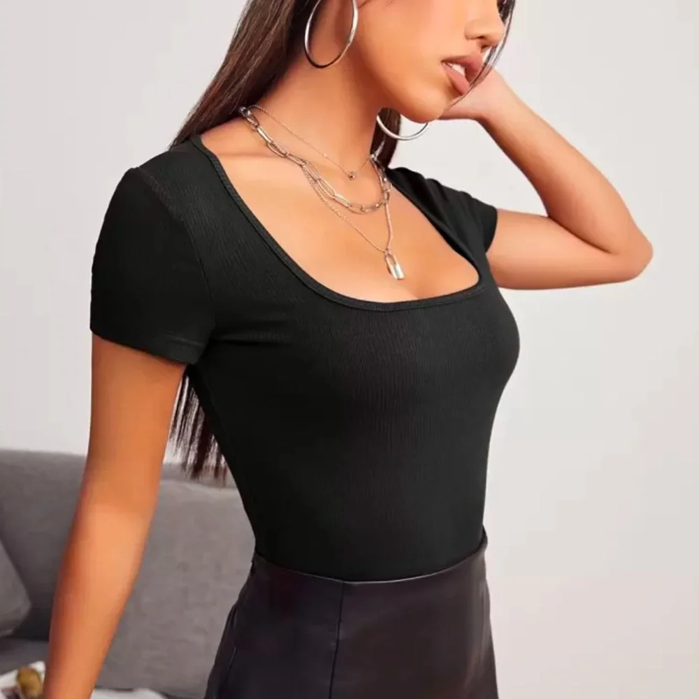 Square Neck Rib Knit Fitted Tee